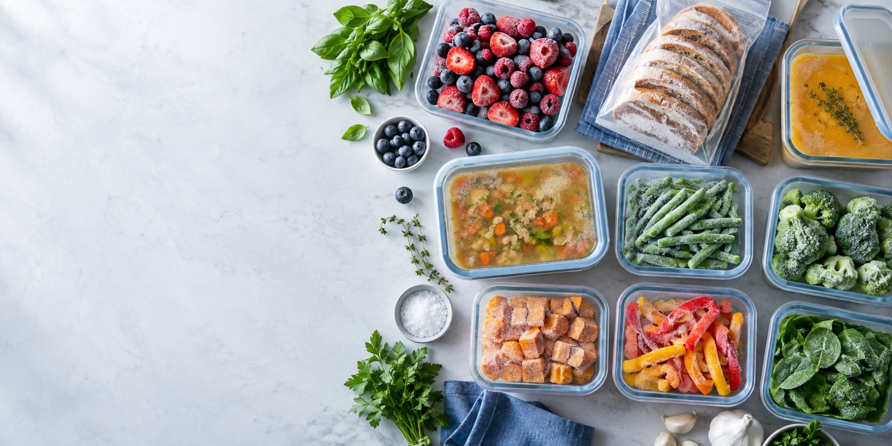 Freezer-ready berries, bread, soup, and vegetables arranged in reusable containers.