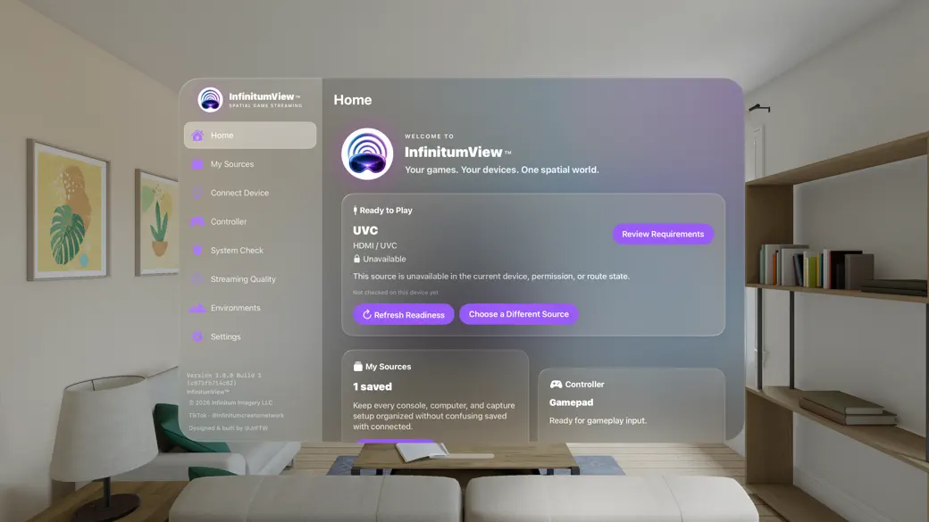 InfinitumView’s spatial Home interface displayed in an Apple Vision Pro environment.