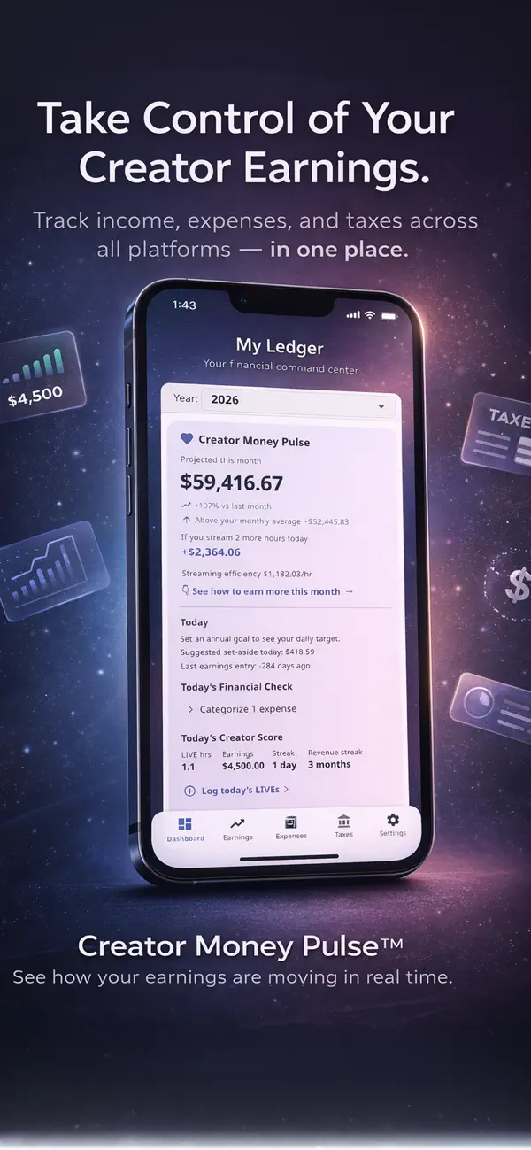 Creator Ledger promotional image showing its income dashboard and Creator Money Pulse.